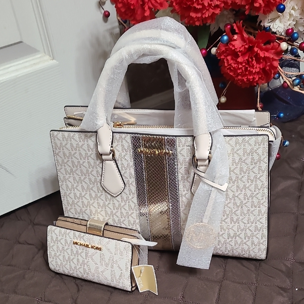 Michael Kors Cream and Gold Satchel Set